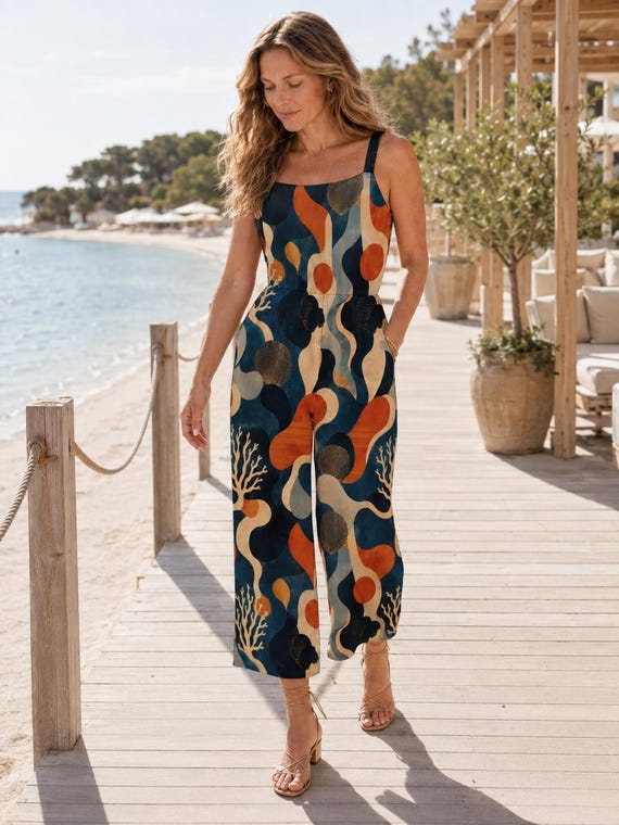Abstract Coastal Wide Leg Jumpsuit: Navy Rust Spaghetti Strap Resort One Piece with Pockets