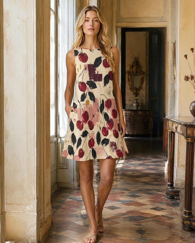 A woman in a sleeveless cherry print A-line mini dress with pockets stands in a hallway with patterned floor tiles.