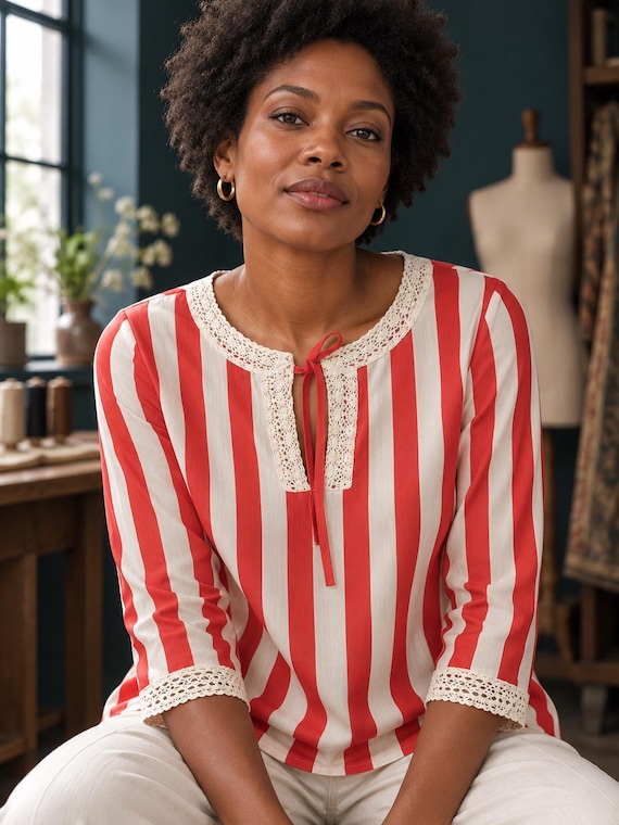 Red and White Striped Blouse, Retro Tie Neck Long Sleeve Shirt