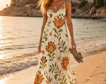 Retro Floral Maxi Dress, 70s Folk Art Spaghetti Strap Resort Wear