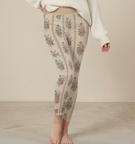 Vintage Floral Leggings Women: Cottagecore Stretch Yoga Pants, Romantic Boho Lounge Wear