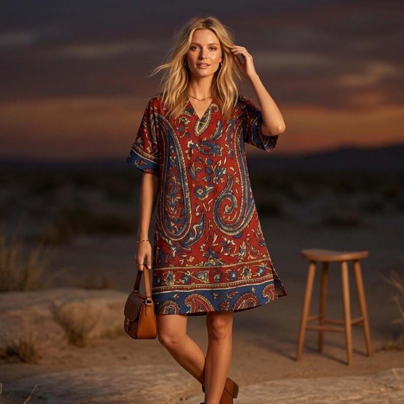 K&ouml;nnte beinhalten: Kurz&auml;rmeliges V-Ausschnitt-Kleid mit Paisley-Muster in Rot, Blau und Gold. Das Kleid wird mit einer braunen Handtasche und Stiefeln kombiniert. Ein Holzschemel ist im Hintergrund zu sehen.