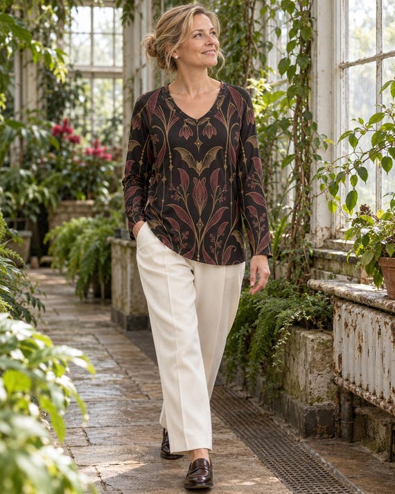 Art Nouveau V-Neck Long Sleeve Blouse, Black Botanical Print