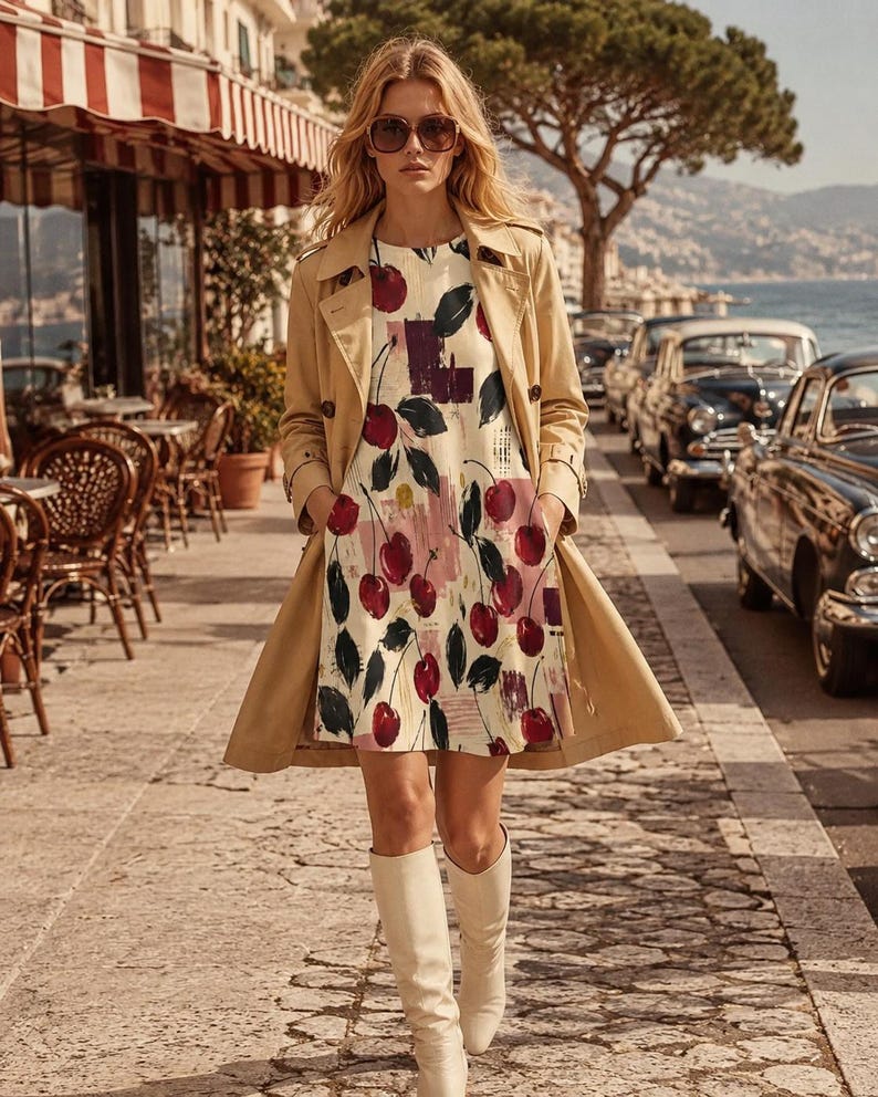 A woman in a cherry print A-line mini dress, tan trench coat, and cream boots walks on a sidewalk next to parked cars and the ocean.