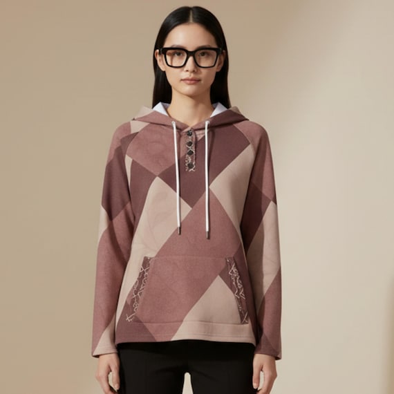 Burgundy Beige Geometric Hoodie – Modern Retro Minimalist Pattern | Quiet Luxury Unisex Hoodie by ZAYN