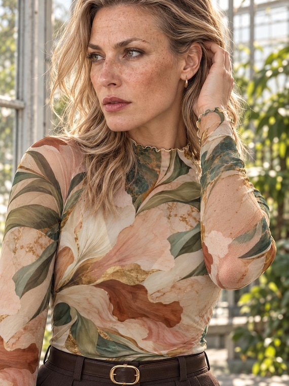 Sage Floral Mesh Top, Vintage Botanical Sheer Long Sleeve Women's Mock Neck Shirt