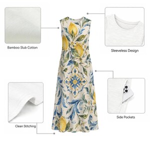 Amalfi Lemon Tile Midi Dress, Sleeveless Cotton Slub A-Line Vacation Resort image 10