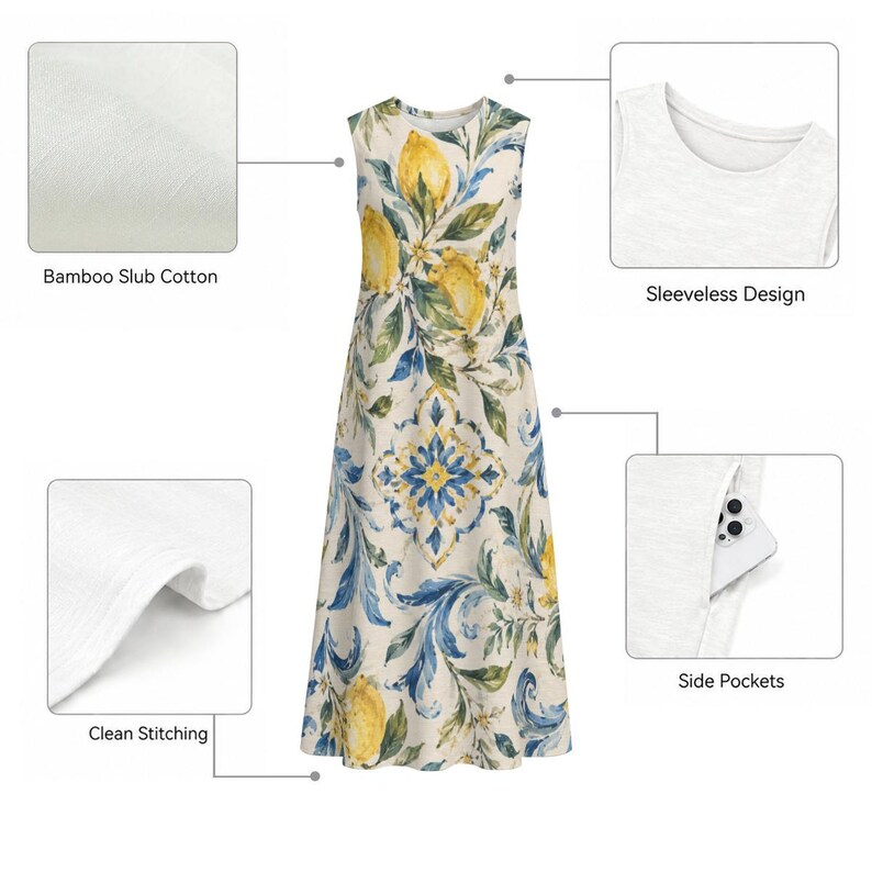 Amalfi Lemon Tile Midi Dress, Sleeveless Cotton Slub A-Line Vacation Resort image 10