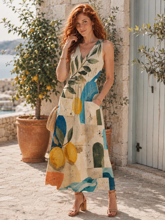 Abstract Lemon Print Maxi Dress with Pockets, Sleeveless V-Neck Mediterranean Resort Dress