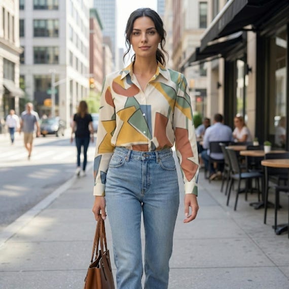 Abstract Geometric Button-Down Blouse, Mid Century Print