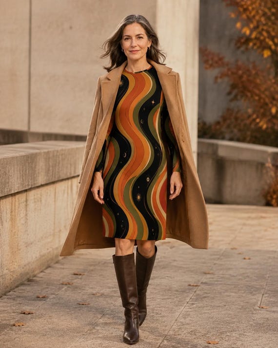 Celestial Wave Long Sleeve Dress, Black Orange 70s Cosmic Print, S–4XL