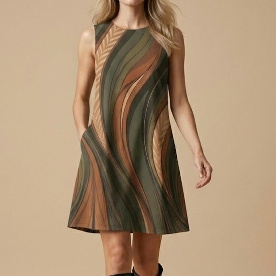 Retro A-Line Midi Dress, Earth Tone Wave Pattern, Pockets, Vintage Inspired Silhouette
