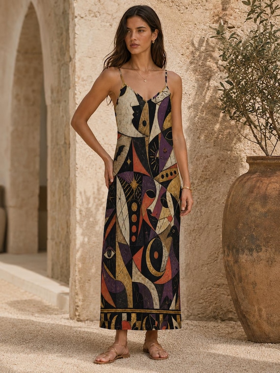 Abstract Geometric Maxi Dress, Spaghetti Strap Resort Slip Dress, Mid Century Art Print