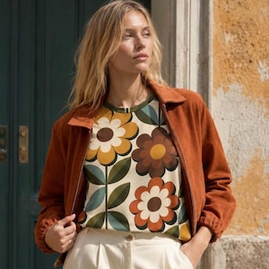 Retro Floral T-Shirt for Women, 70s Flower Power Tee, Groovy All Over Print