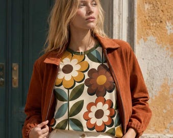 Retro Floral T-Shirt for Women, 70s Flower Power Tee, Groovy All Over Print