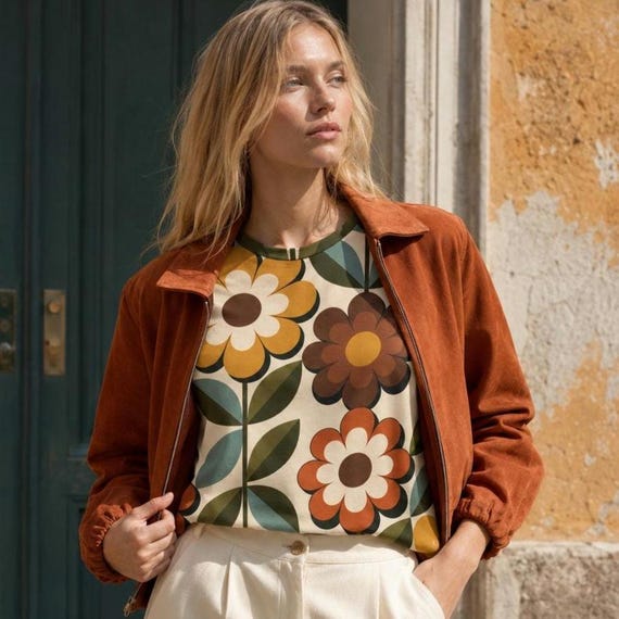 Retro Floral T-Shirt for Women, 70s Flower Power Tee, Groovy All Over Print