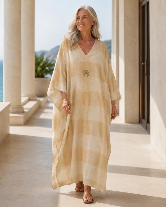 Beige Plaid Kaftan Dress, Oversized Resort Cover Up, V Neck Tunic