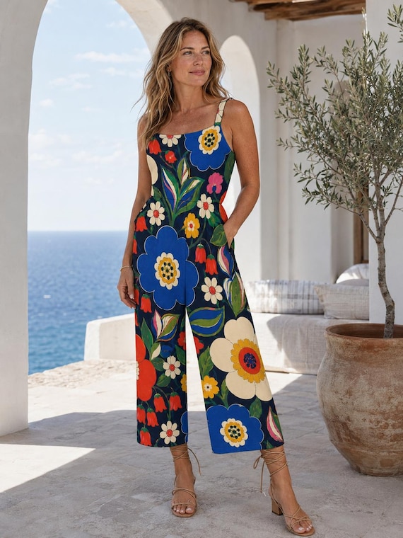 Floral Wide Leg Jumpsuit, Navy Retro Flower Print Boho Summer Outfit