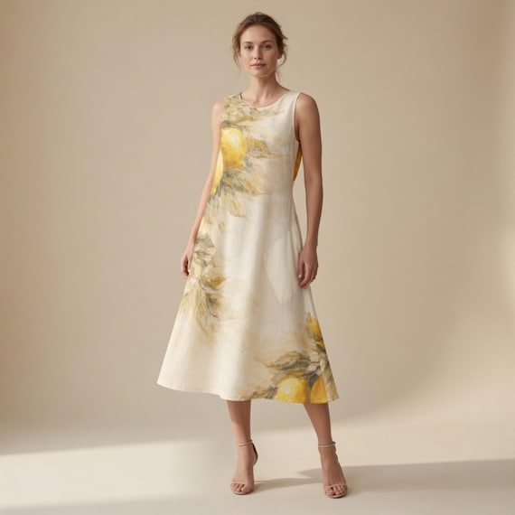 European Lemon Midi Dress, Sleeveless A-Line Vacation Dress, Mediterranean Summer Outfit