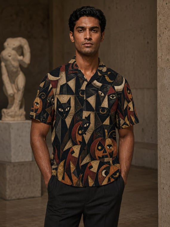 Men’s Halloween Hawaiian Shirt, Black Cat Pumpkin Moon Button Up
