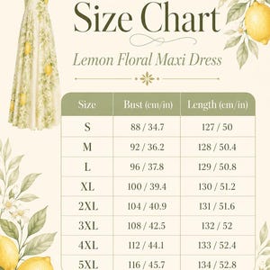 Puede incluir: Una tabla de tallas para un vestido largo con estampado de limones y flores, que muestra las tallas de la S a la 5XL con medidas de busto y largo en cent&iacute;metros y pulgadas. La tabla est&aacute; decorada con ilustraciones de limones amarillos y hojas.