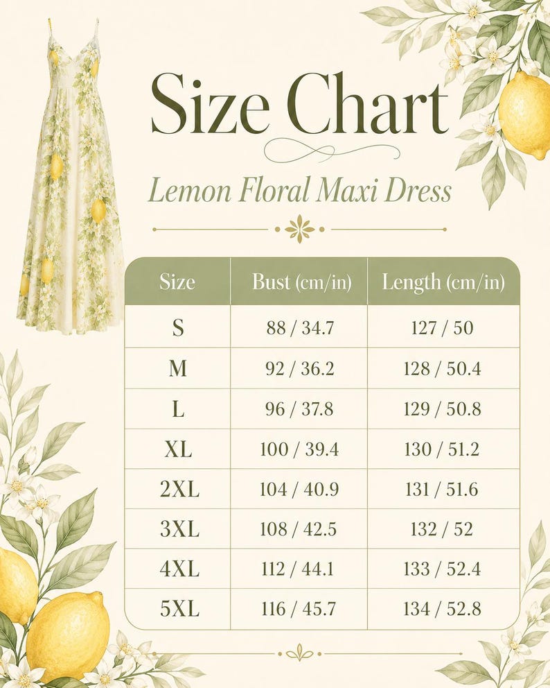 Puede incluir: Una tabla de tallas para un vestido largo con estampado de limones y flores, que muestra las tallas de la S a la 5XL con medidas de busto y largo en cent&iacute;metros y pulgadas. La tabla est&aacute; decorada con ilustraciones de limones amarillos y hojas.