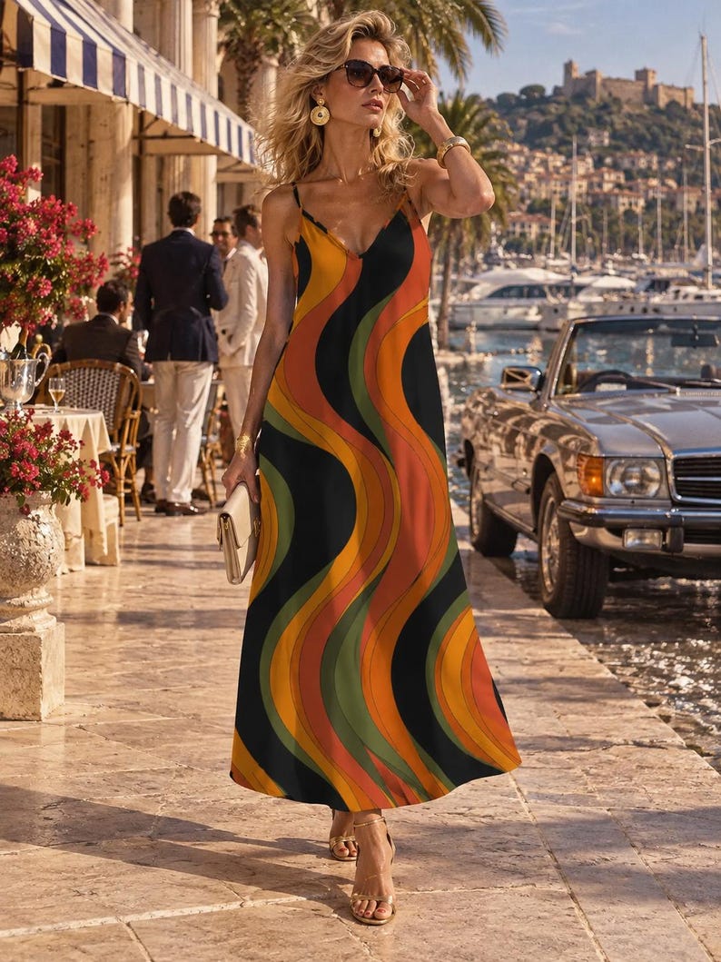 May include: A floor-length sleeveless dress featuring a repeating vertical wavy pattern in shades of orange, yellow, olive green, and black. The garment has a V-neckline, thin spaghetti straps, and a fluid, loose-fitting silhouette that falls to the ankles.