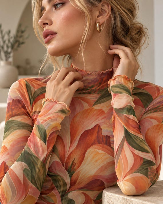 Orange Retro Floral Mesh Top, Sheer Long Sleeve Mock Neck Shirt