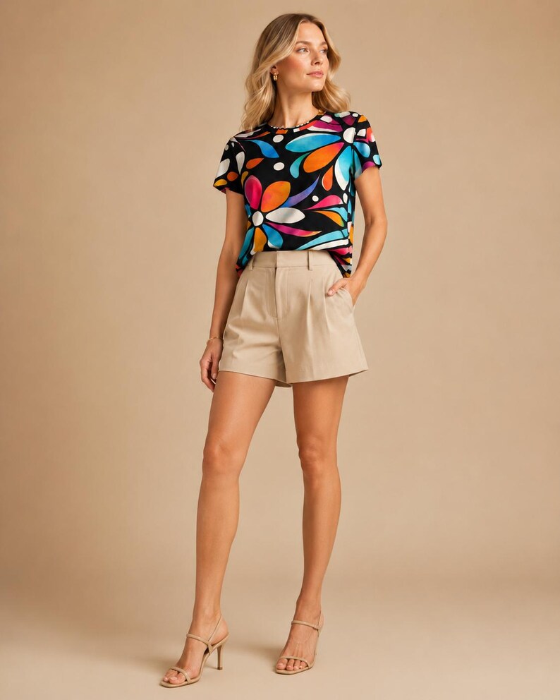 May include: A short-sleeved t-shirt featuring a black background with a vibrant, multi-colored floral pattern in shades of orange, blue, pink, and white, paired with beige tailored shorts that have a high waist and front pleat detailing.