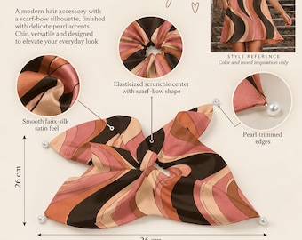 May include: A satin hair tie featuring a wavy pattern in shades of pink, brown, and black. The accessory has an elasticized center, a scarf-bow shape, and pearl-trimmed edges. It measures 26 cm by 26 cm and is made of 97% polyester and 3% spandex.