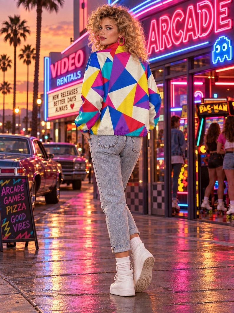 Puede incluir: Una chaqueta de manga larga con un vibrante patr&oacute;n geom&eacute;trico en tonos azul, amarillo, rosa y blanco, combinada con pantalones vaqueros de lavado &aacute;cido y zapatillas blancas de ca&ntilde;a alta. La chaqueta tiene cuello alto y pu&ntilde;os acanalados.
