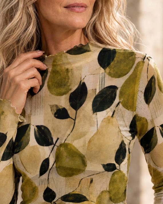 Transparent Blouse, Olive Green Fruit Print Sheer Long Sleeve Going Out Top
