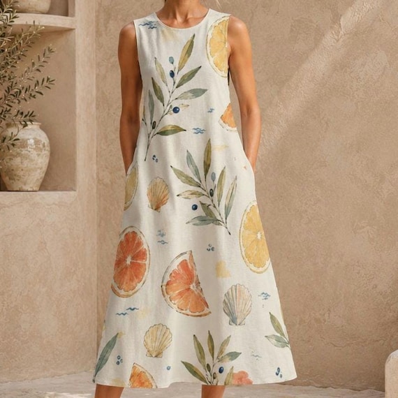 Mediterranean Lemon Olive Print Cotton Midi Dress with Pockets, Sleeveless A-Line Resort Wear