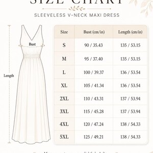 May include: A size chart for a sleeveless V-neck maxi dress featuring a line drawing of the garment with bust and length indicators. A table lists sizes S through 5XL with corresponding measurements in centimeters and inches. Text states measurements may vary slightly by 1-3 cm.