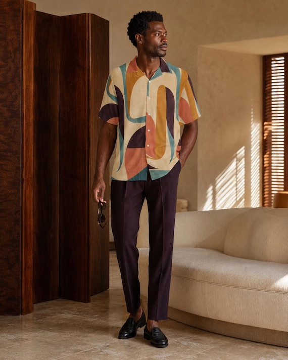 Men’s 70s Abstract Hawaiian Shirt, Geometric Camp Collar Button-Up