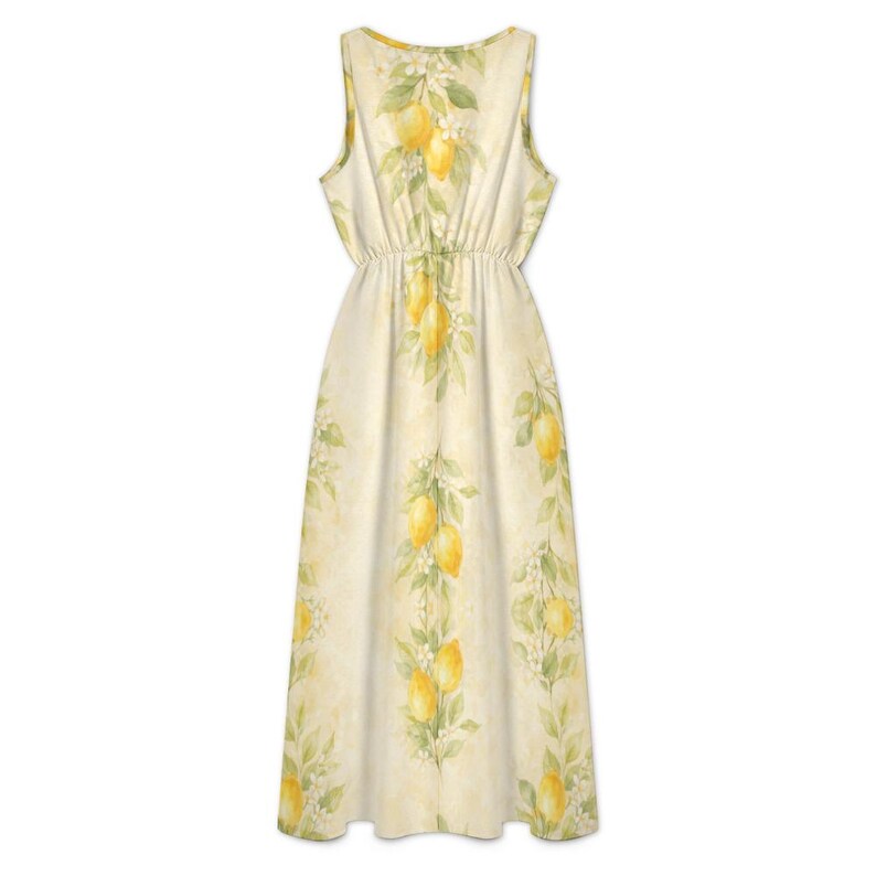 Lemon Maxi Dress, Watercolor Citrus Print, Sleeveless V-Neck, Pockets, Resort Style image 10