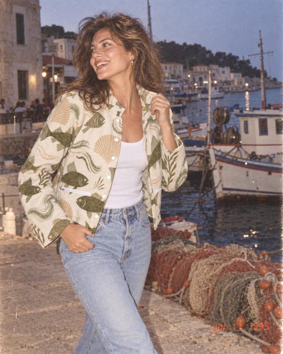 Vintage Fish Print Fleece Jacket for Women, Olive Nautical Statement Shacket, Fall Outerwear