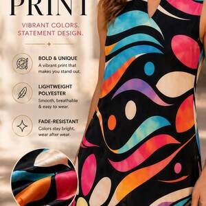 May include: Sleeveless black dress with a vibrant, art-inspired print. The design features colorful abstract shapes in shades of blue, pink, orange, and purple. The dress is made of lightweight polyester.