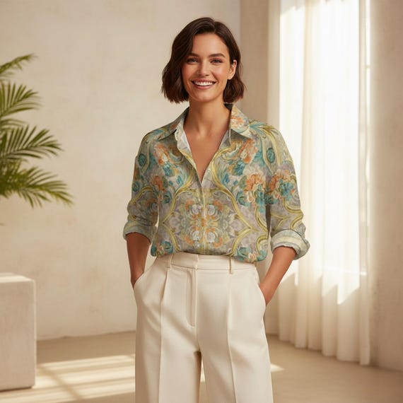 Unisex Baroque Print Shirt: Vintage High Fashion Designer Blouse