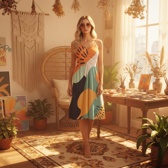 Pop Art Midi Dress for Women, Colorful Abstract Art Dress, Wearable Art Dress, Vacation Outfit, Boho Resort Summer Dress