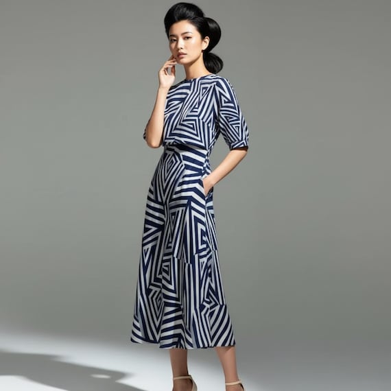 Geometric Spiral Midi Dress | Navy & White Optical Illusion Artwear