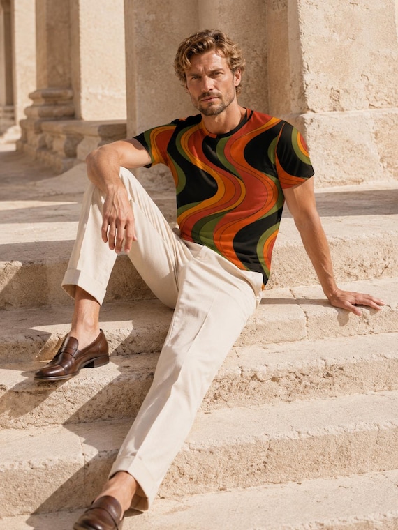 Men’s 70s Psychedelic Wave T-Shirt, Orange Olive Retro Cotton Tee