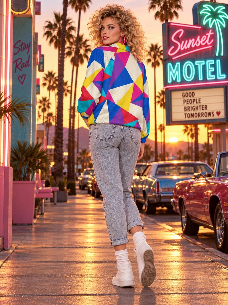 Puede incluir: Una chaqueta de manga larga con un patr&oacute;n geom&eacute;trico vibrante en tonos azul, amarillo, rosa y morado, combinada con pantalones vaqueros de mezclilla lavada al &aacute;cido, calcetines blancos y zapatillas blancas. La chaqueta tiene cuello y cremallera.