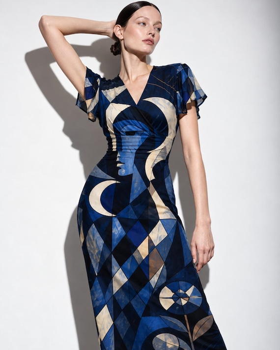 Blue Art Deco Geometric Midi Dress, Navy Abstract Print, V Neck Flutter Sleeve Dress