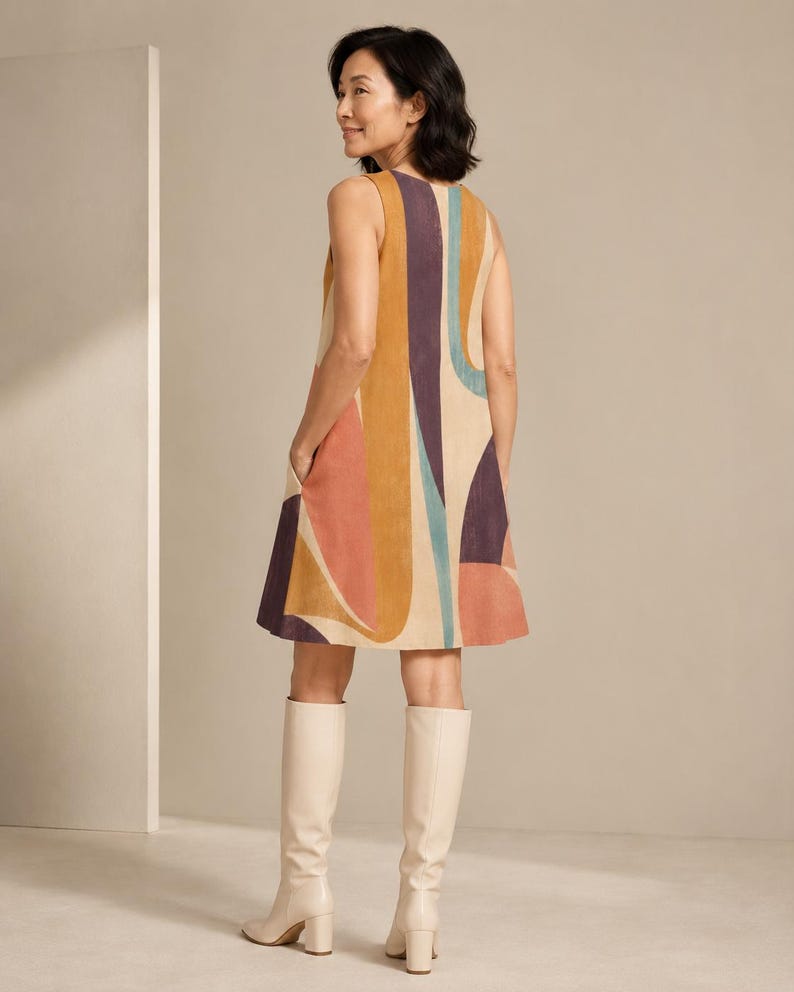 May include: A sleeveless, knee-length shift dress featuring a bold, abstract pattern of curved shapes in shades of mustard yellow, terracotta, deep purple, and teal on a cream background, complete with side pockets and paired with cream knee-high boots.