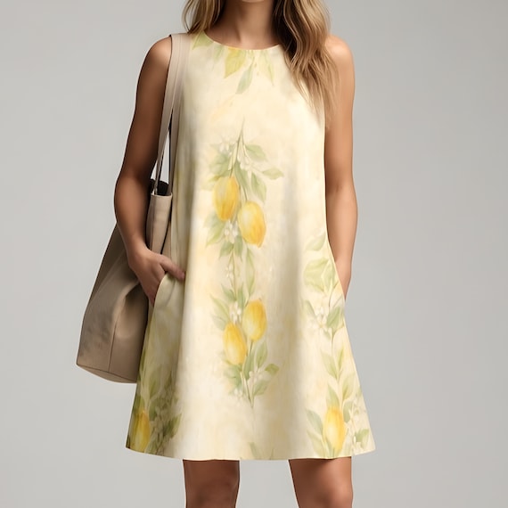 Lemon A-Line Mini Dress, Mediterranean Summer Vacation Outfit, Loose Fit Pockets