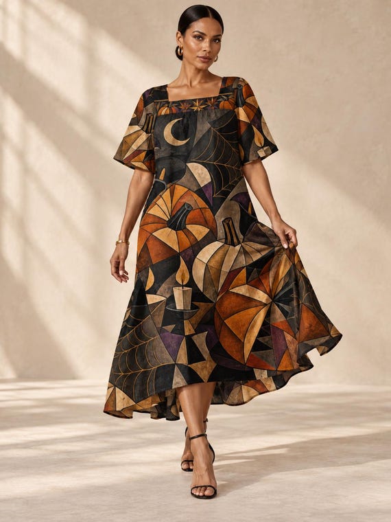 Gothic Halloween Maxi Dress, Geometric Pumpkin Moon Spiderweb Square Neck Dress