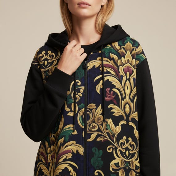 Luxury Baroque Long Hooded Coat – Designer Full Zip Jacket with Black Sleeves