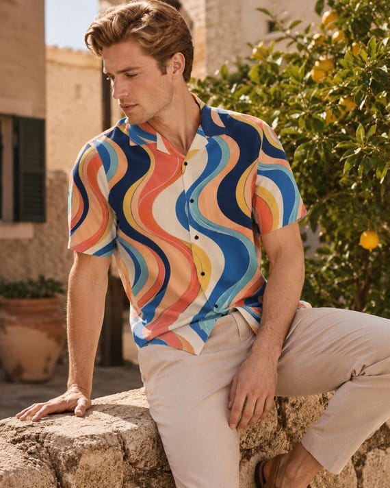 Retro Wave Men's Camp Collar Shirt – 70s Groovy Geometric Resort Button Up