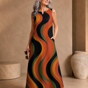 Retro Abstract A-Line Dress With Pockets, 70s Earth Tone Sleeveless Gallery Dress image 6